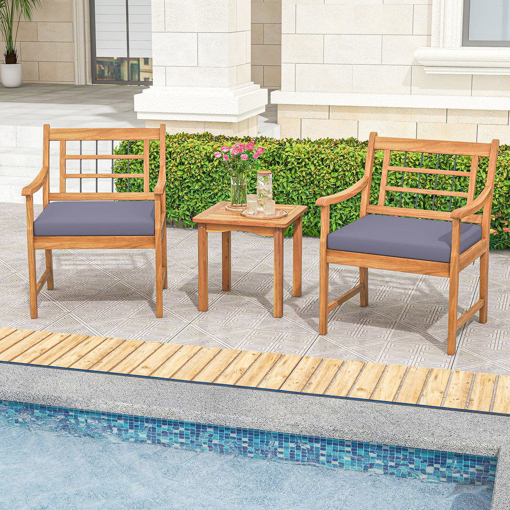 3 Piece Wood Patio Furniture Set with Seat Cushions and Acacia Wood Frame-Gray