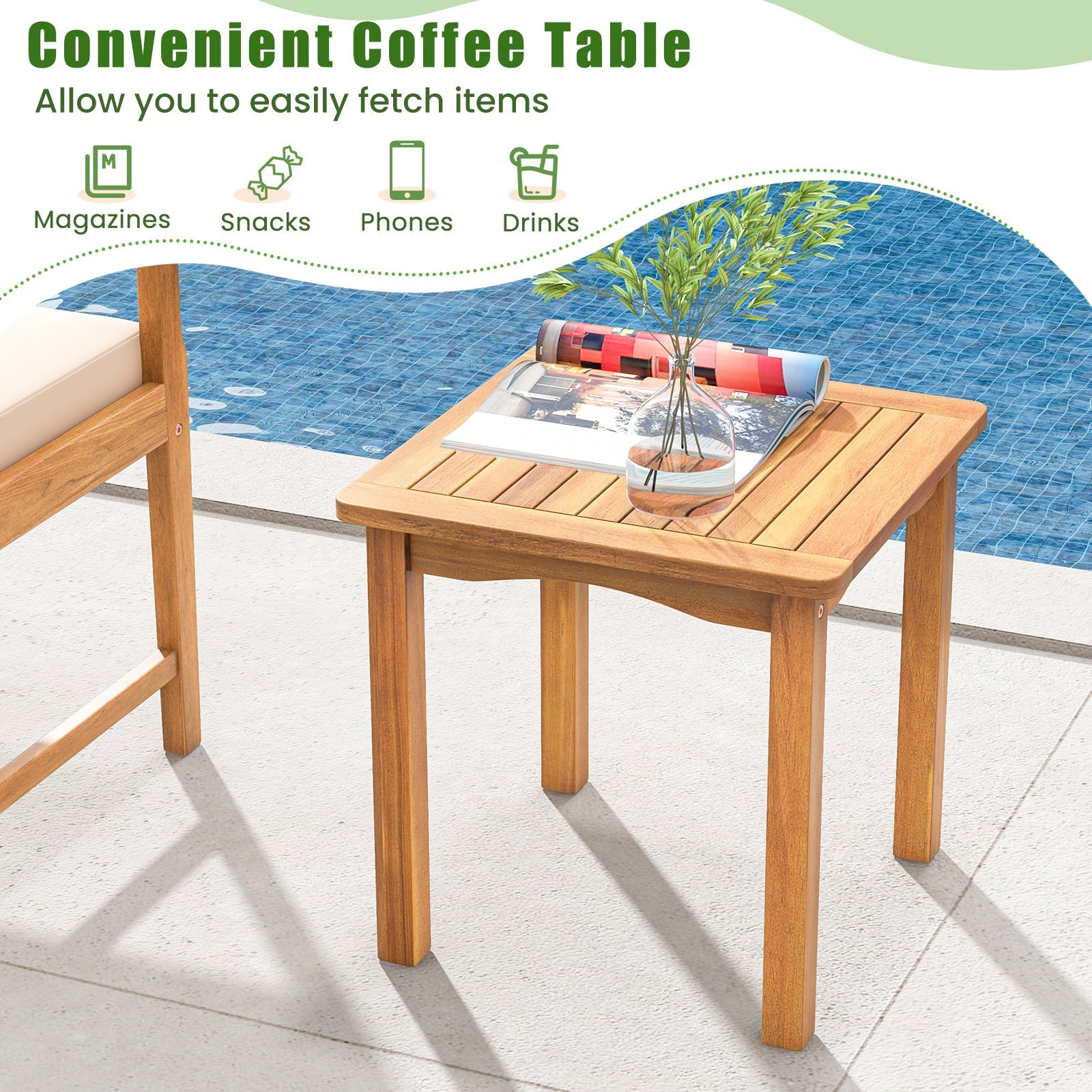 3 Piece Wood Patio Furniture Set with Seat Cushions and Acacia Wood Frame-Gray