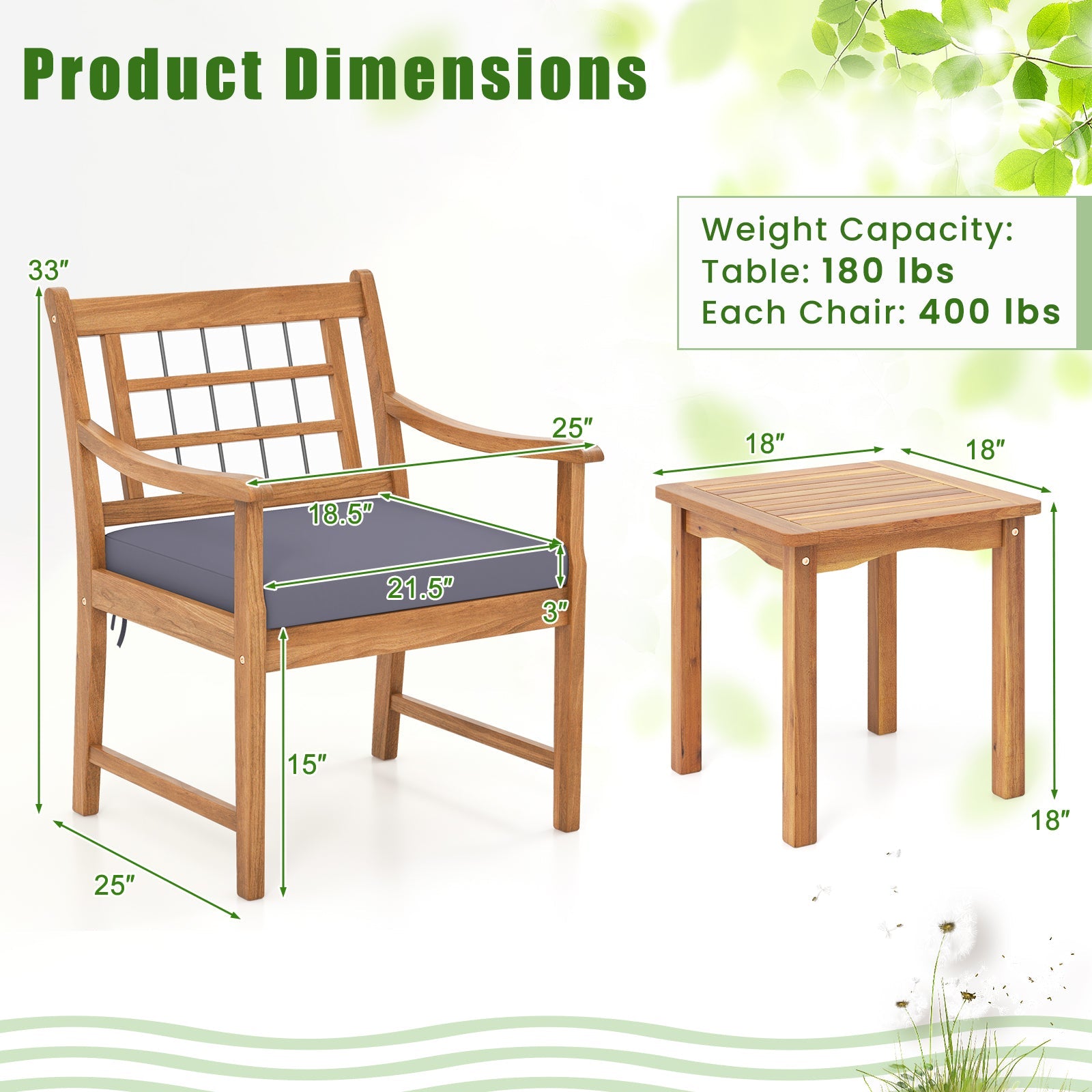 3 Piece Wood Patio Furniture Set with Seat Cushions and Acacia Wood Frame-Gray
