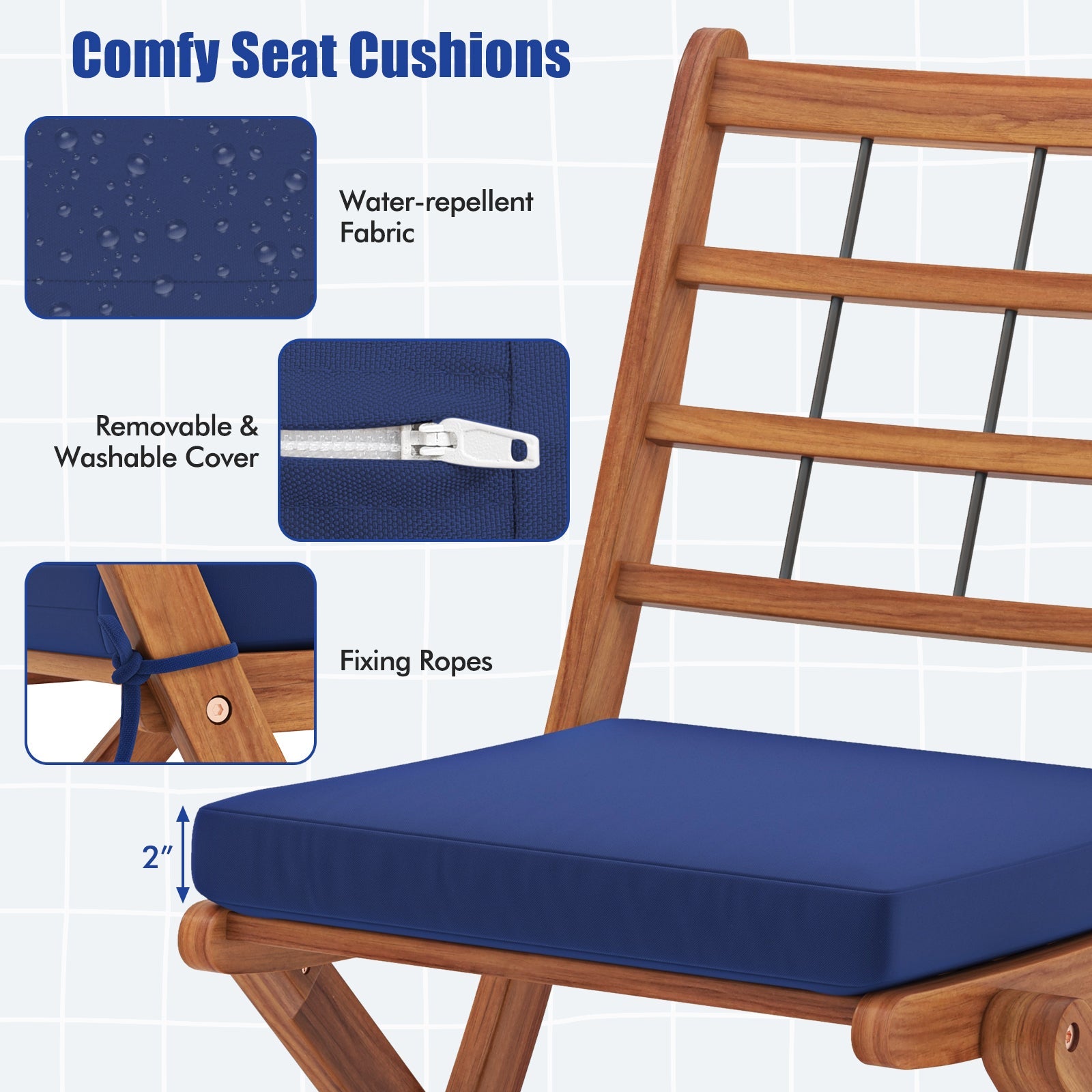 3 Pieces Acacia Wood Patio Bistro Set with Cushions-Navy