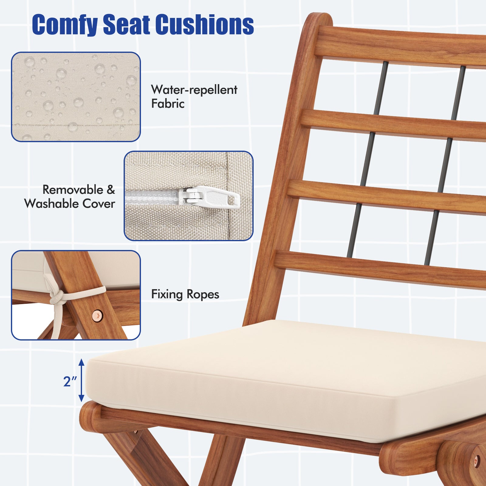 3 Pieces Acacia Wood Patio Bistro Set with Cushions-White