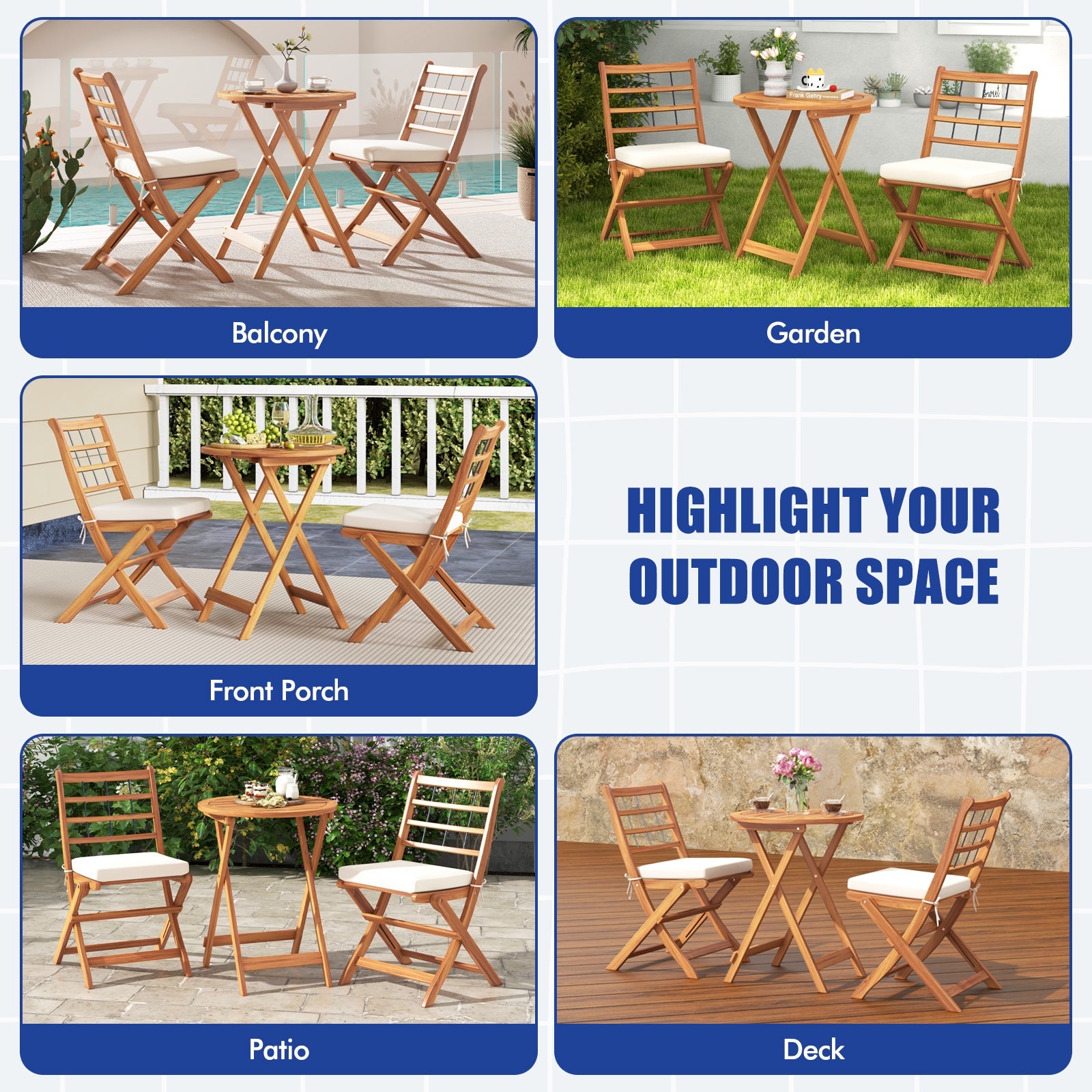 3 Pieces Acacia Wood Patio Bistro Set with Cushions-White