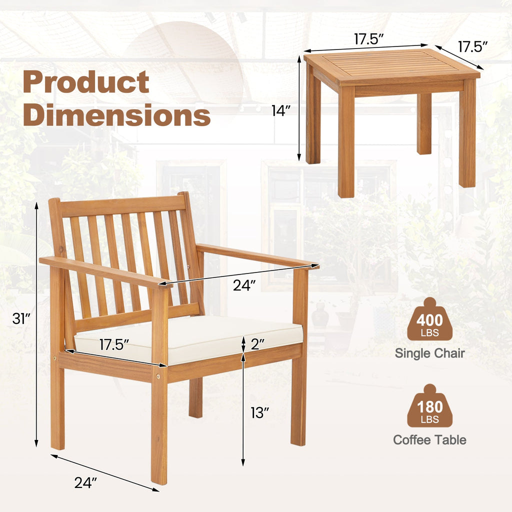 3 Pieces Patio Wood Furniture Set with soft Cushions for Porch-White