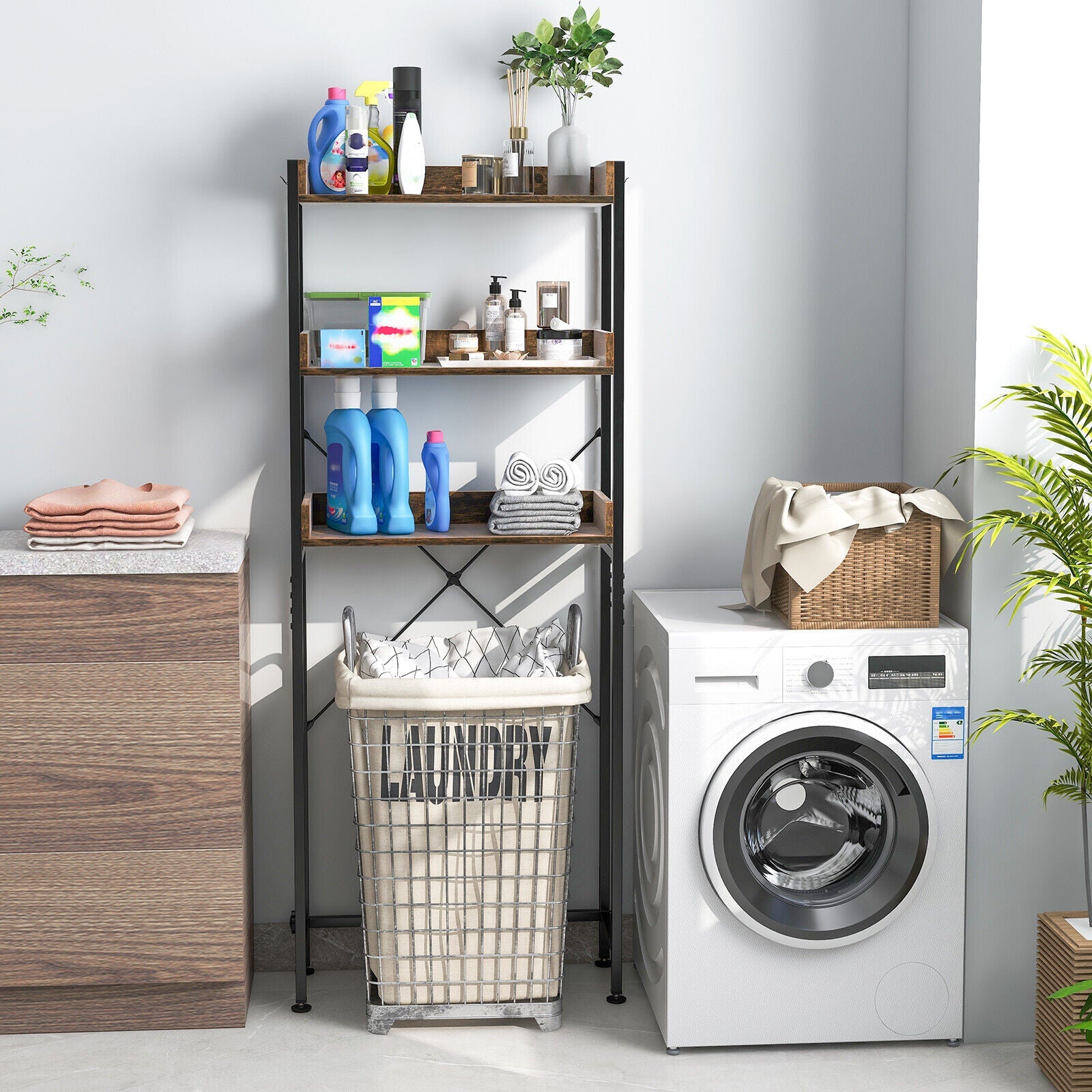 Over The Toilet Storage Rack with Hooks and Adjustable Bottom Bar-Rustic Brown
