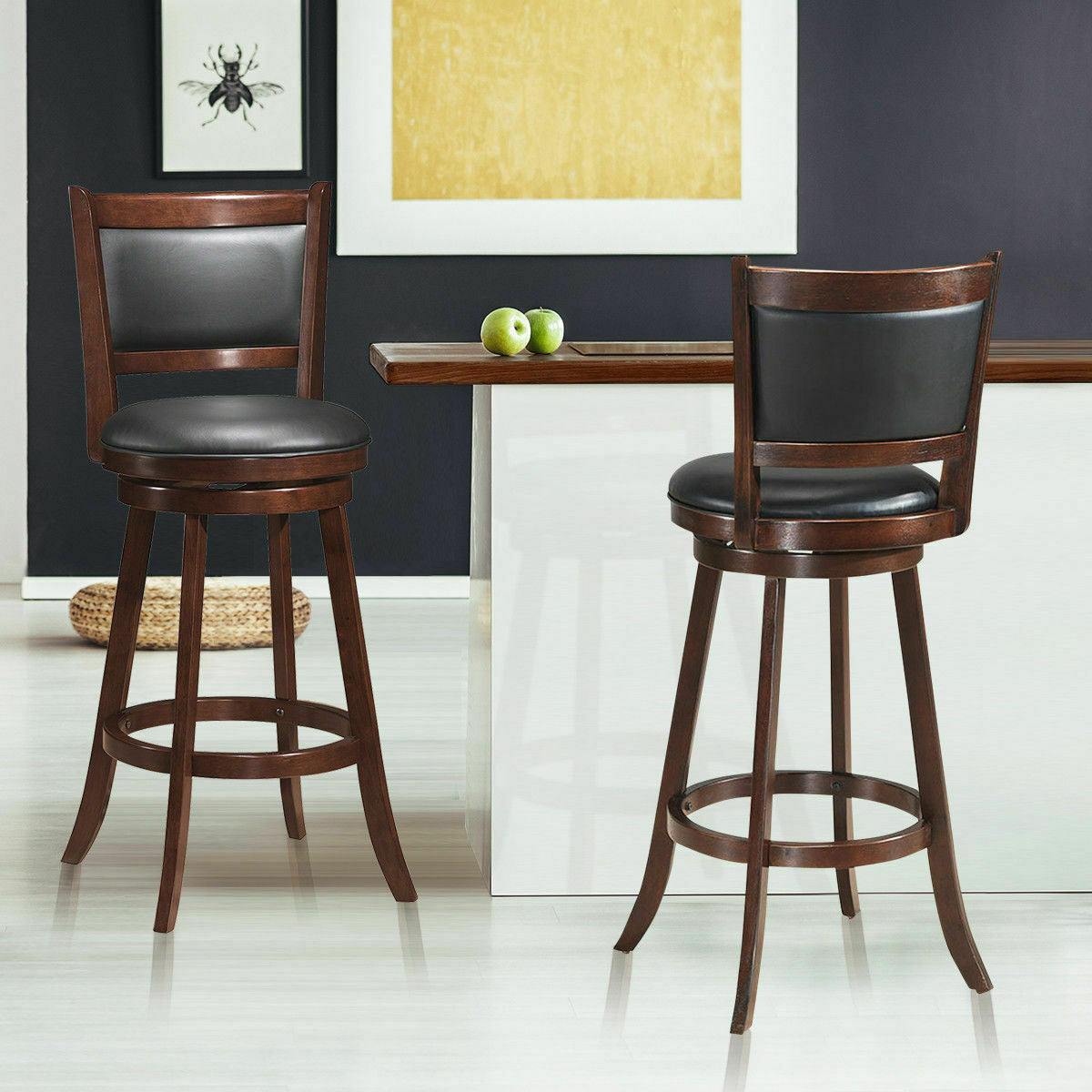 Set of 2 29 Inch Swivel Bar Height Stool Wood Dining Chair Barstool-Brown