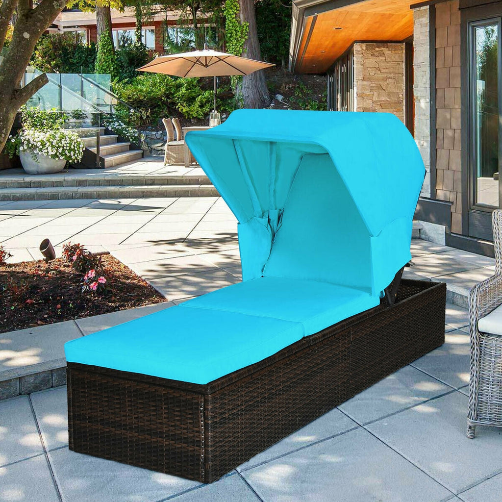 Outdoor Chaise Lounge Chair with Folding Canopy-Turquoise