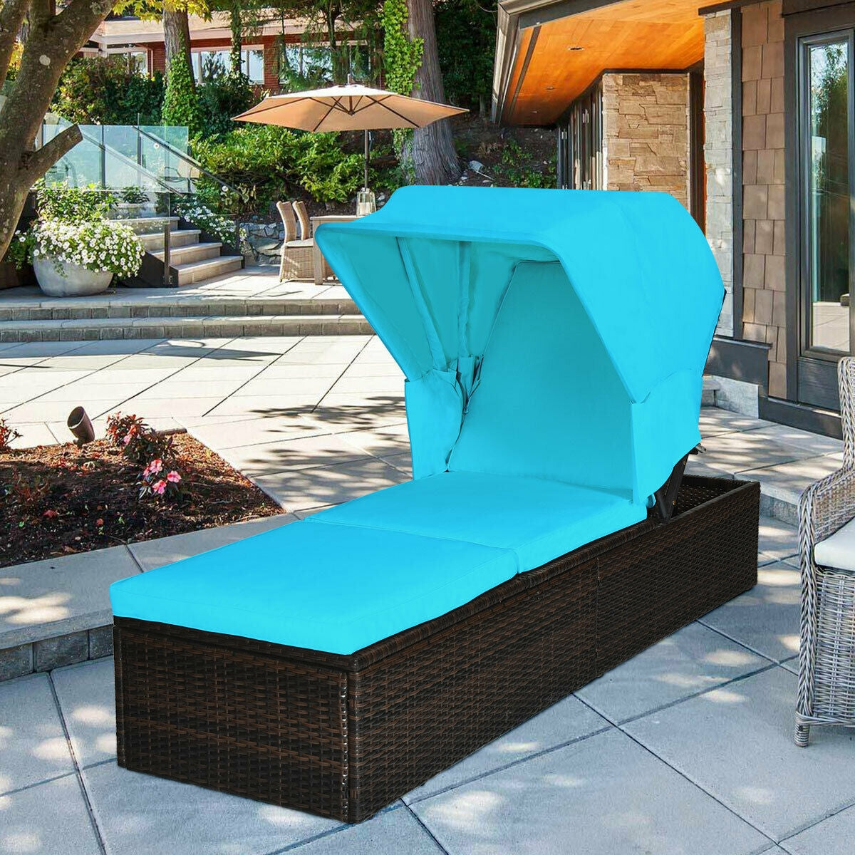 Outdoor Chaise Lounge Chair with Folding Canopy-Turquoise