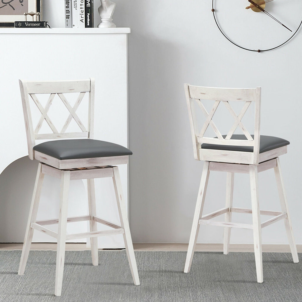 2 Pieces 29 Inches Swivel Counter Height Barstool Set with Rubber Wood Legs-White