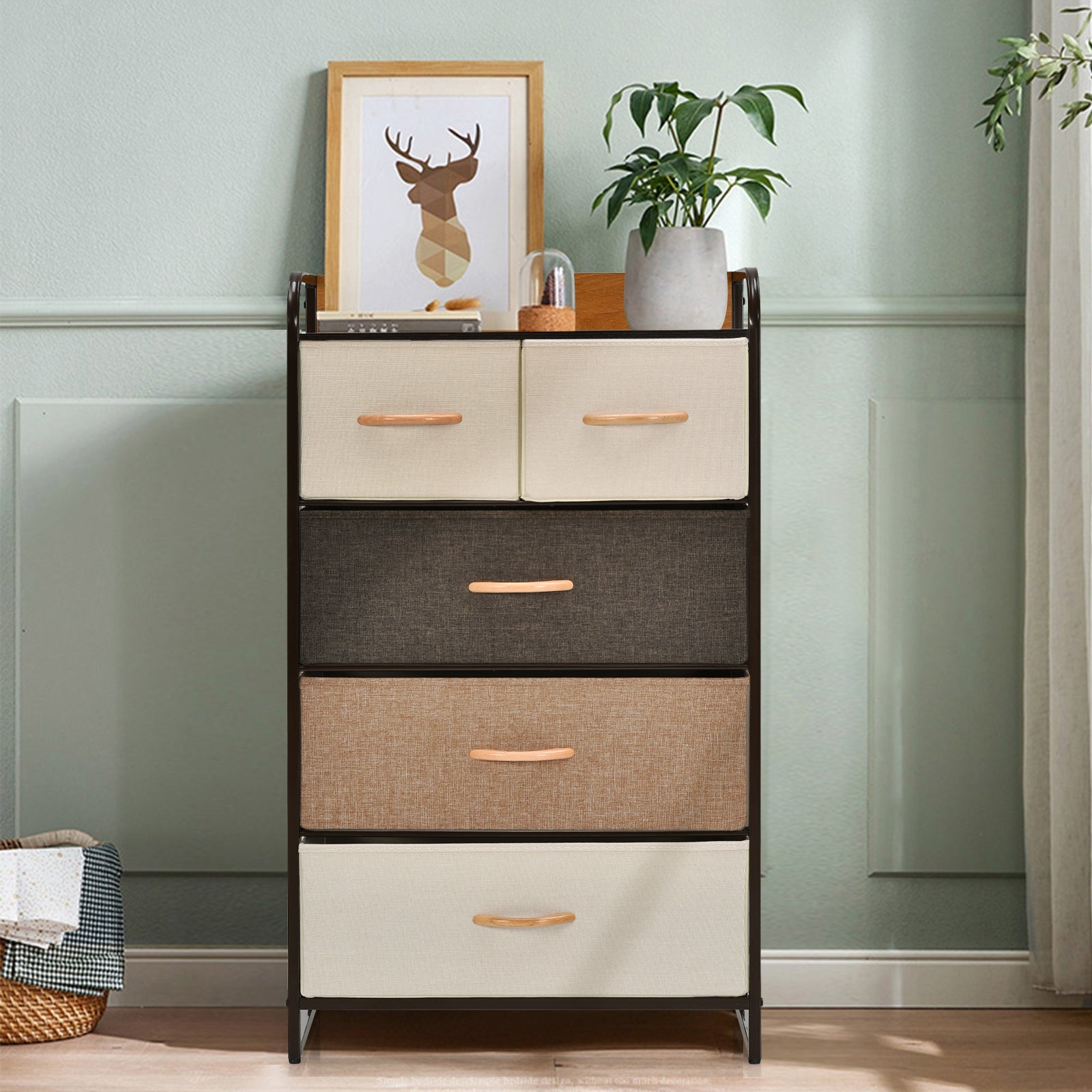 4-Tier Organizer Tower Steel Frame Wooden Top Storage with 5-Drawer Dresser-Muticolor