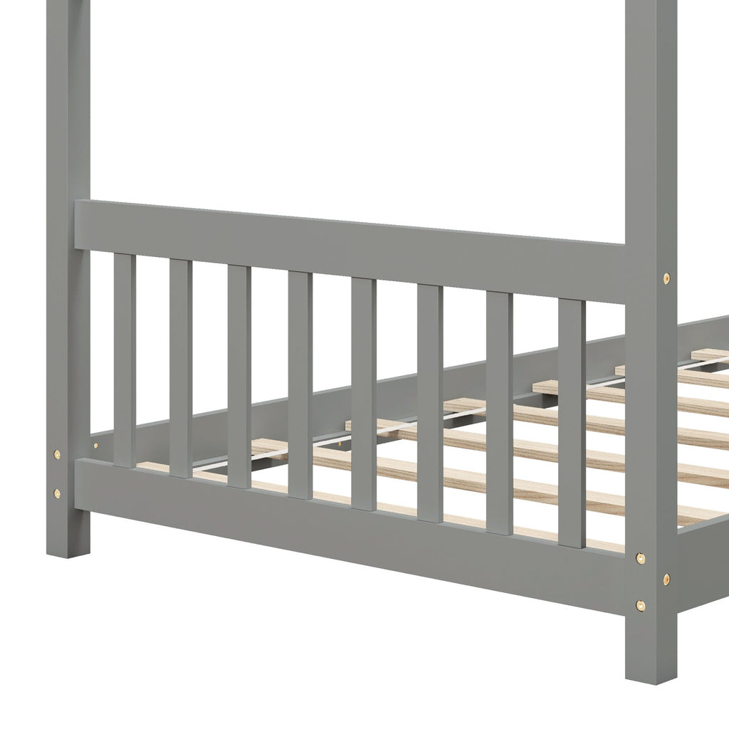 Twin Size Wooden House Bed with Roof-Gray