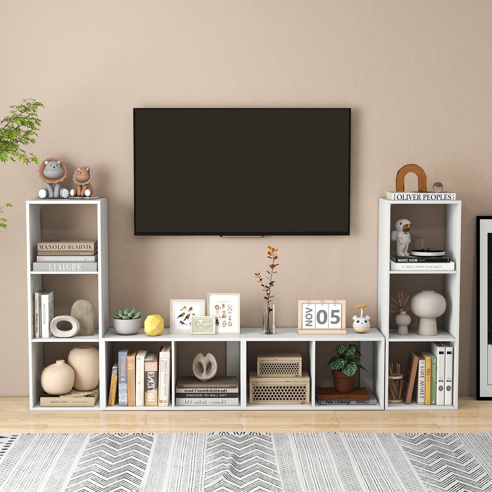 3 Cube Bookshelf with Back Guardrail for Living Room Bedroom-White