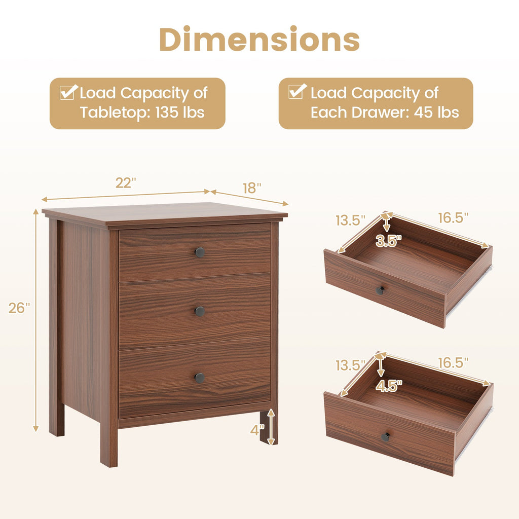 3-Drawer Wooden Nightstand Modern Bedside Table-Walnut