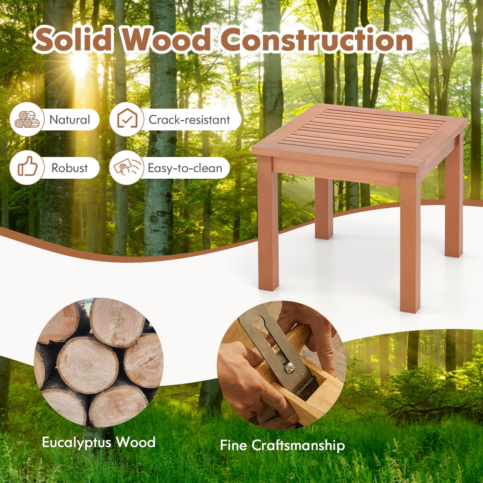 3 PCS Eucalyptus Wood Patio Bistro Set with 2 Folding Arm Chairs