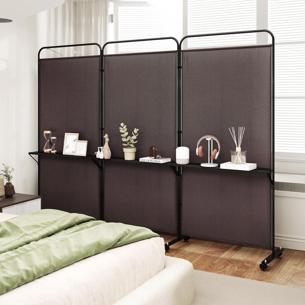 3-Panel Folding Room Divider with 3 Metal Shelves and Lockable Wheels-Brown