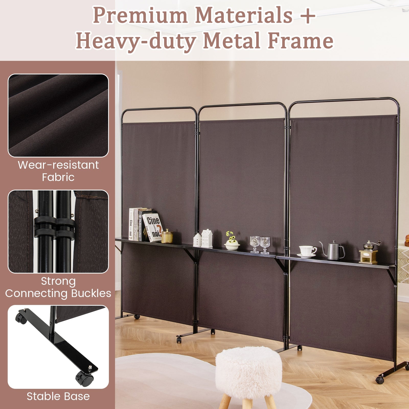 3-Panel Folding Room Divider with 3 Metal Shelves and Lockable Wheels-Brown