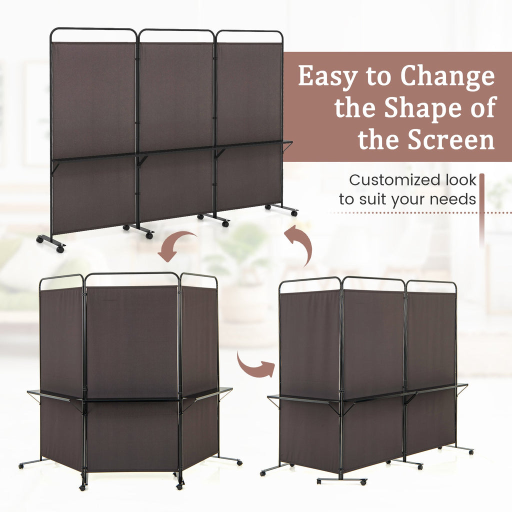 3-Panel Folding Room Divider with 3 Metal Shelves and Lockable Wheels-Brown