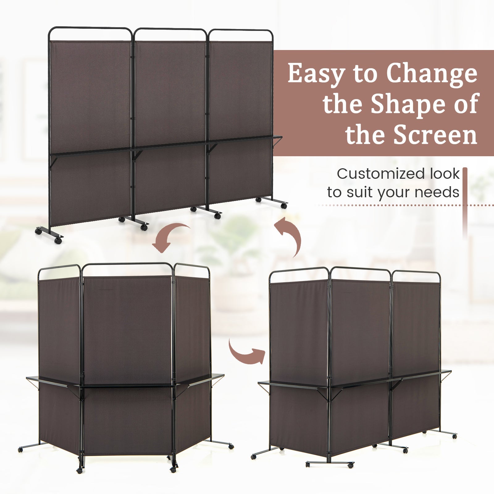 3-Panel Folding Room Divider with 3 Metal Shelves and Lockable Wheels-Brown