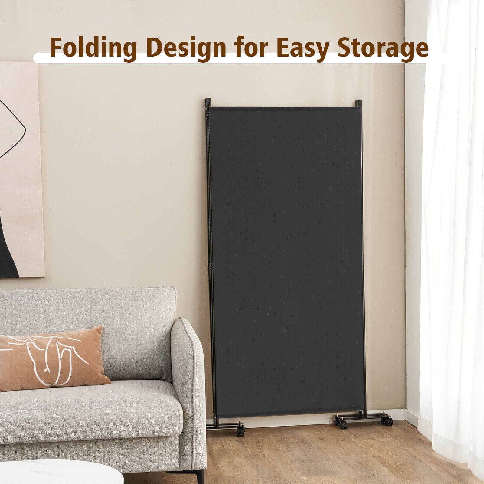 3 Panel Folding Room Divider with Lockable Wheels-Gray