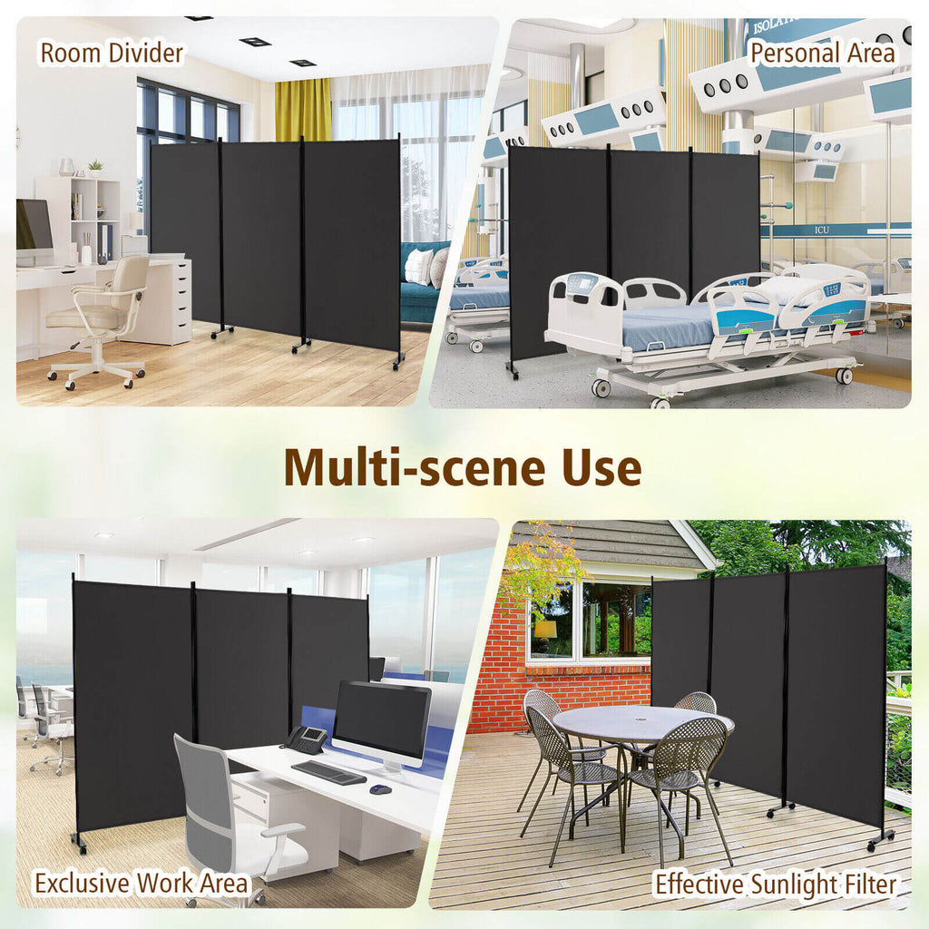3 Panel Folding Room Divider with Lockable Wheels-Gray