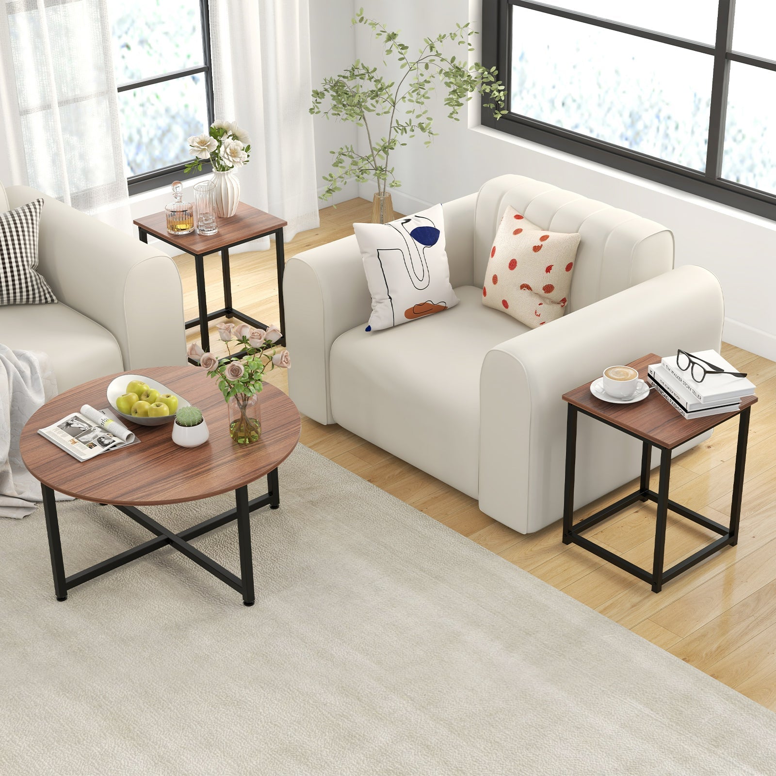 3-Piece Coffee Table Set Round Coffee Table and 2PCS Square End Tables-Walnut and Black