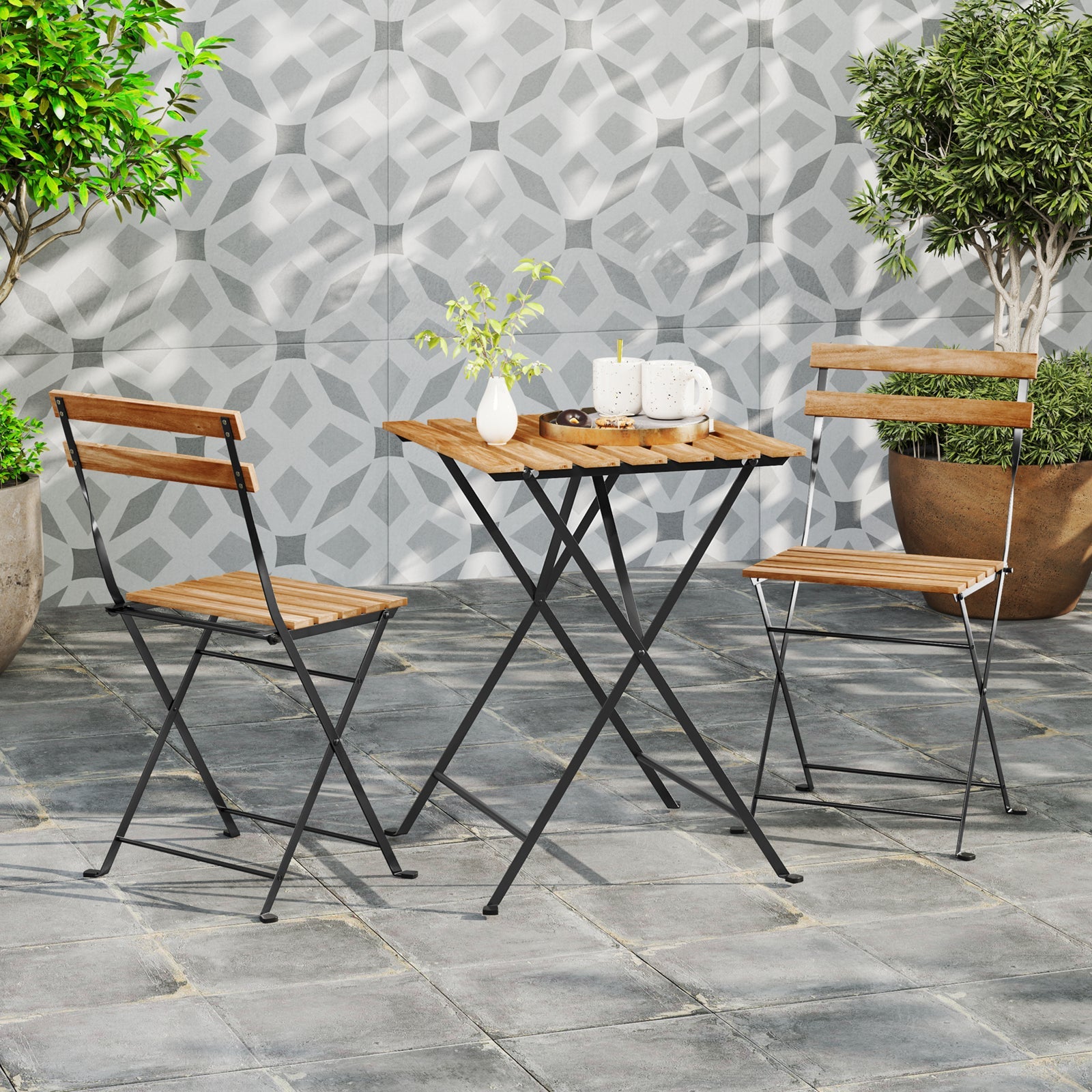 3 Piece Patio Acacia Wood Bistro Set with Slatted Seat and Tabletop-Brown