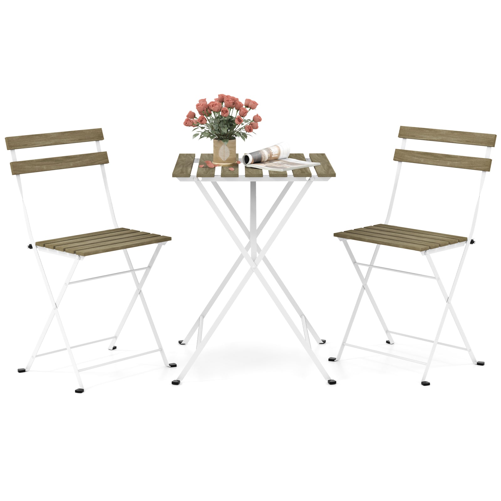 3 Piece Patio Acacia Wood Bistro Set with Slatted Seat and Tabletop-Gray