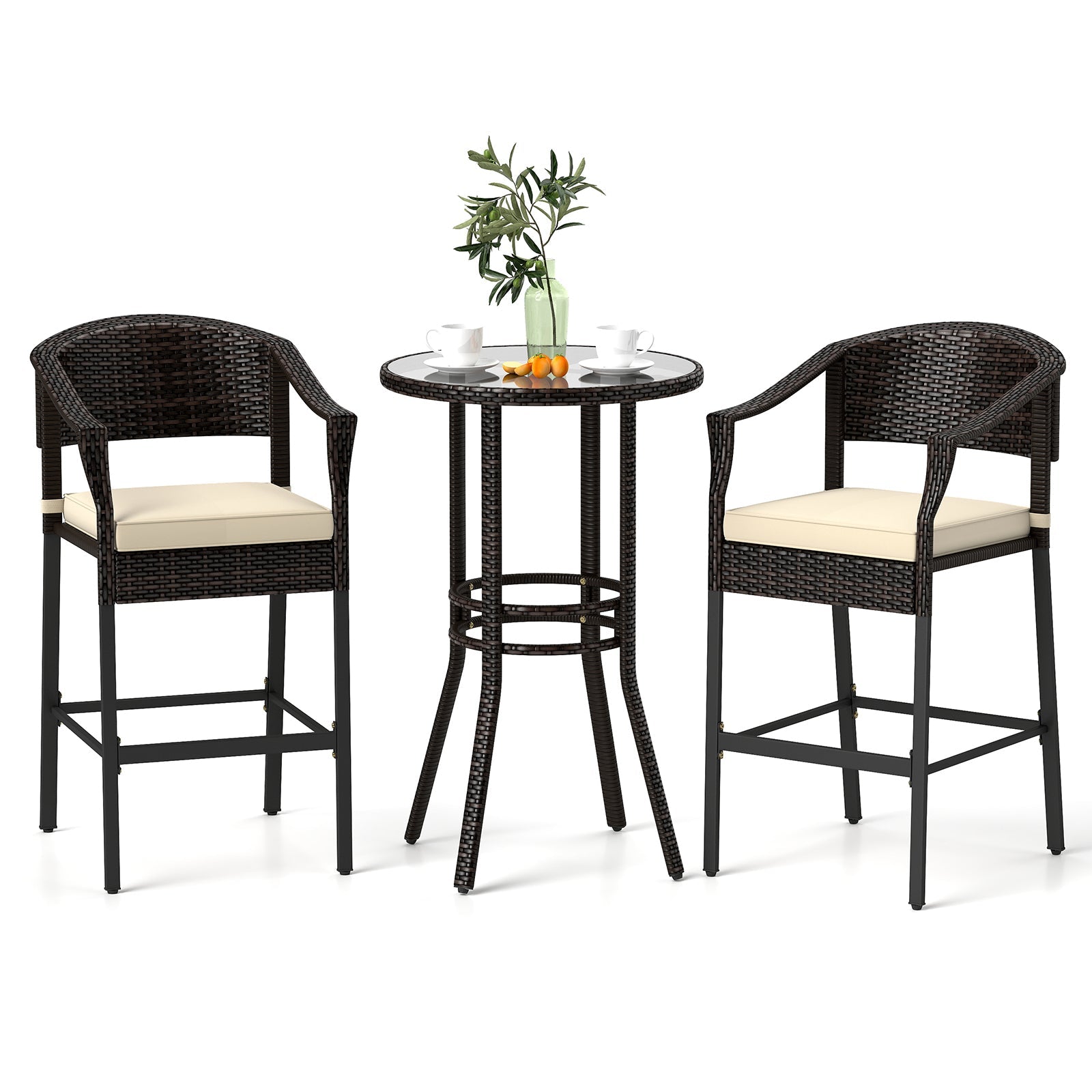 3-Piece Patio Rattan Bar Set with Tempered Glass Top for Backyard Poolside-Brown