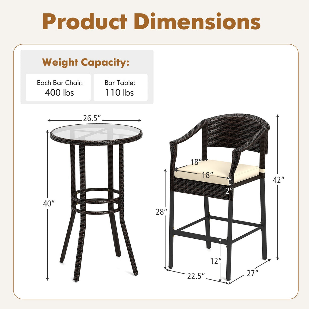 3-Piece Patio Rattan Bar Set with Tempered Glass Top for Backyard Poolside-Brown