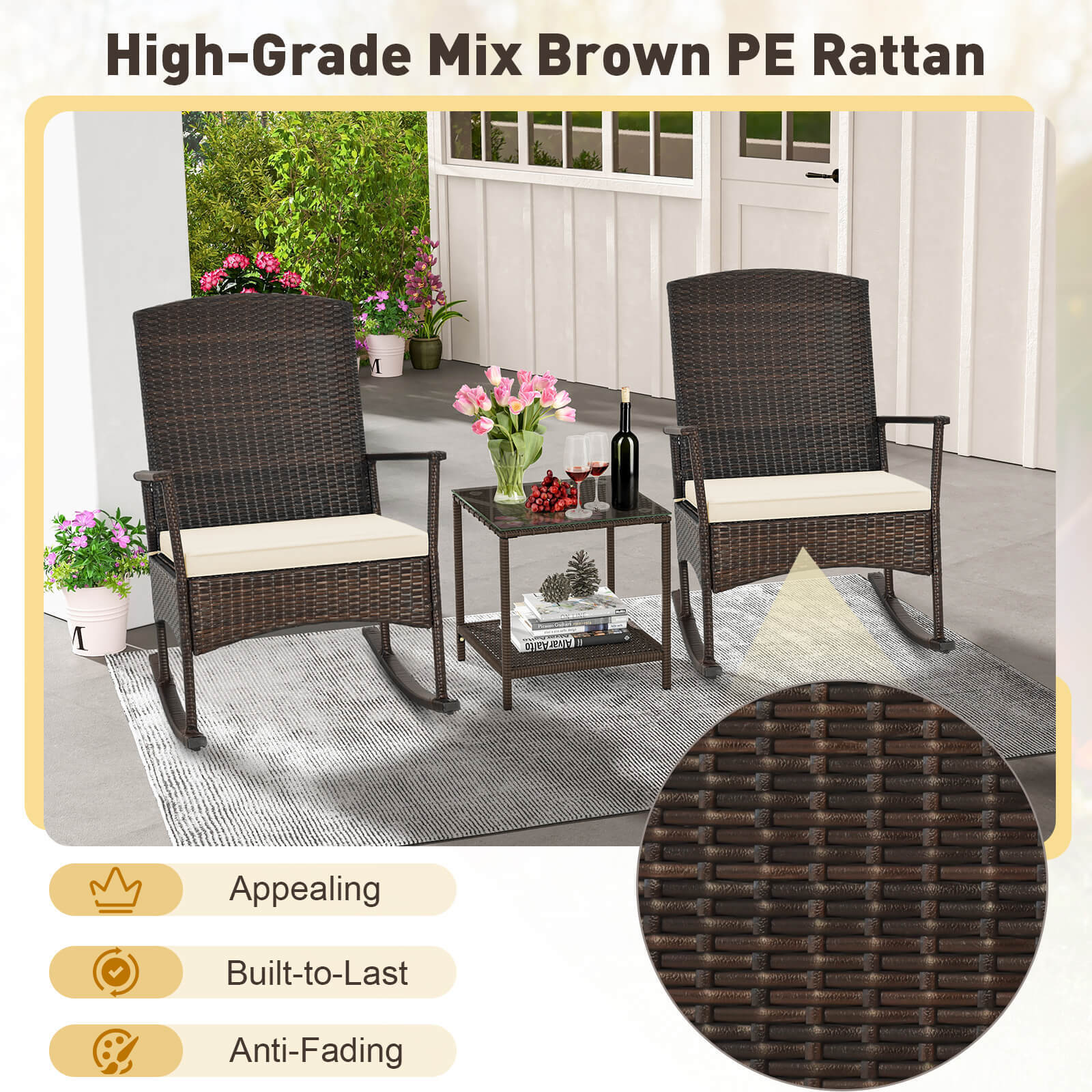 3 Piece Patio Rocking Set Wicker Rocking Chairs with 2-Tier Coffee Table-Off White