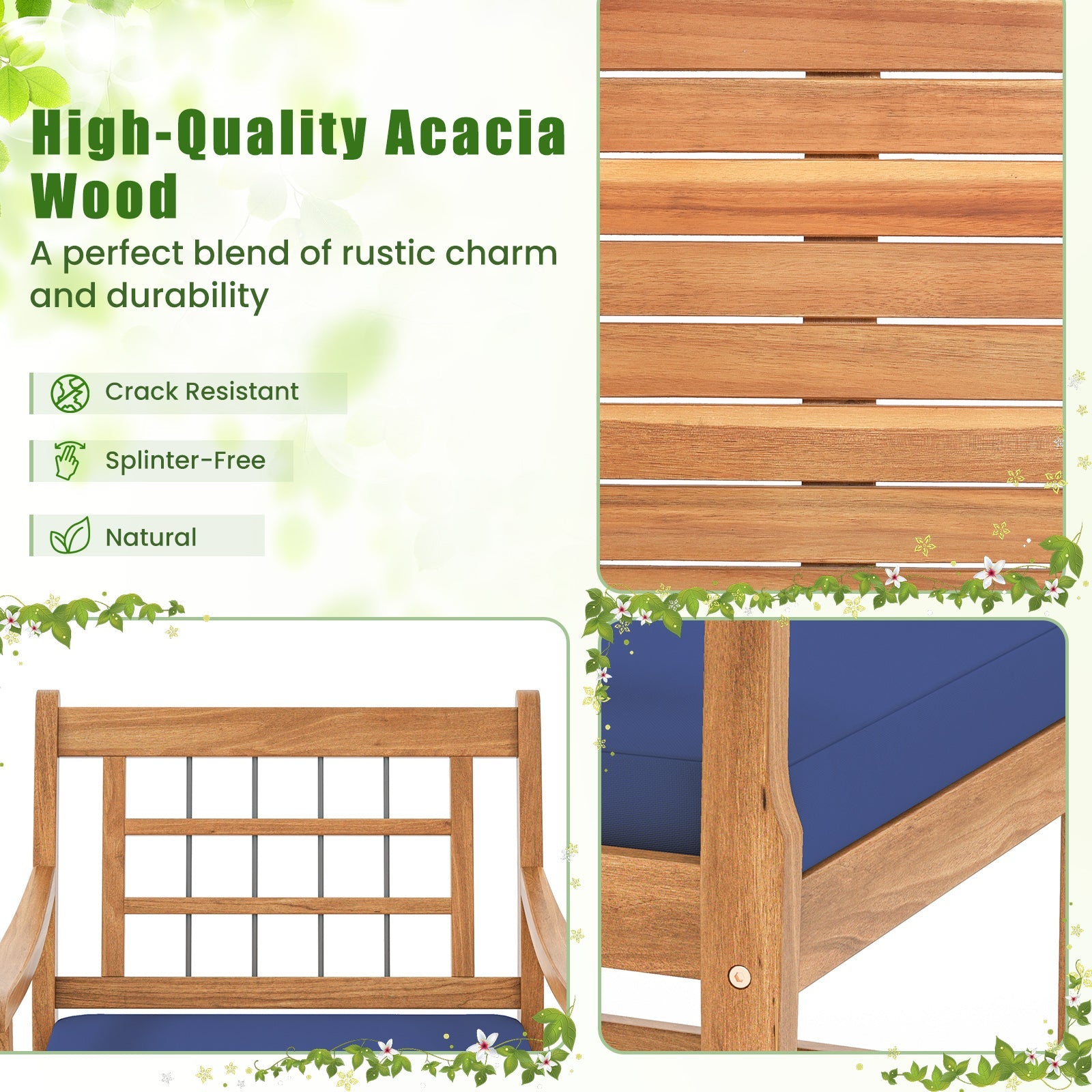 3 Piece Wood Patio Furniture Set with Seat Cushions and Acacia Wood Frame-Navy