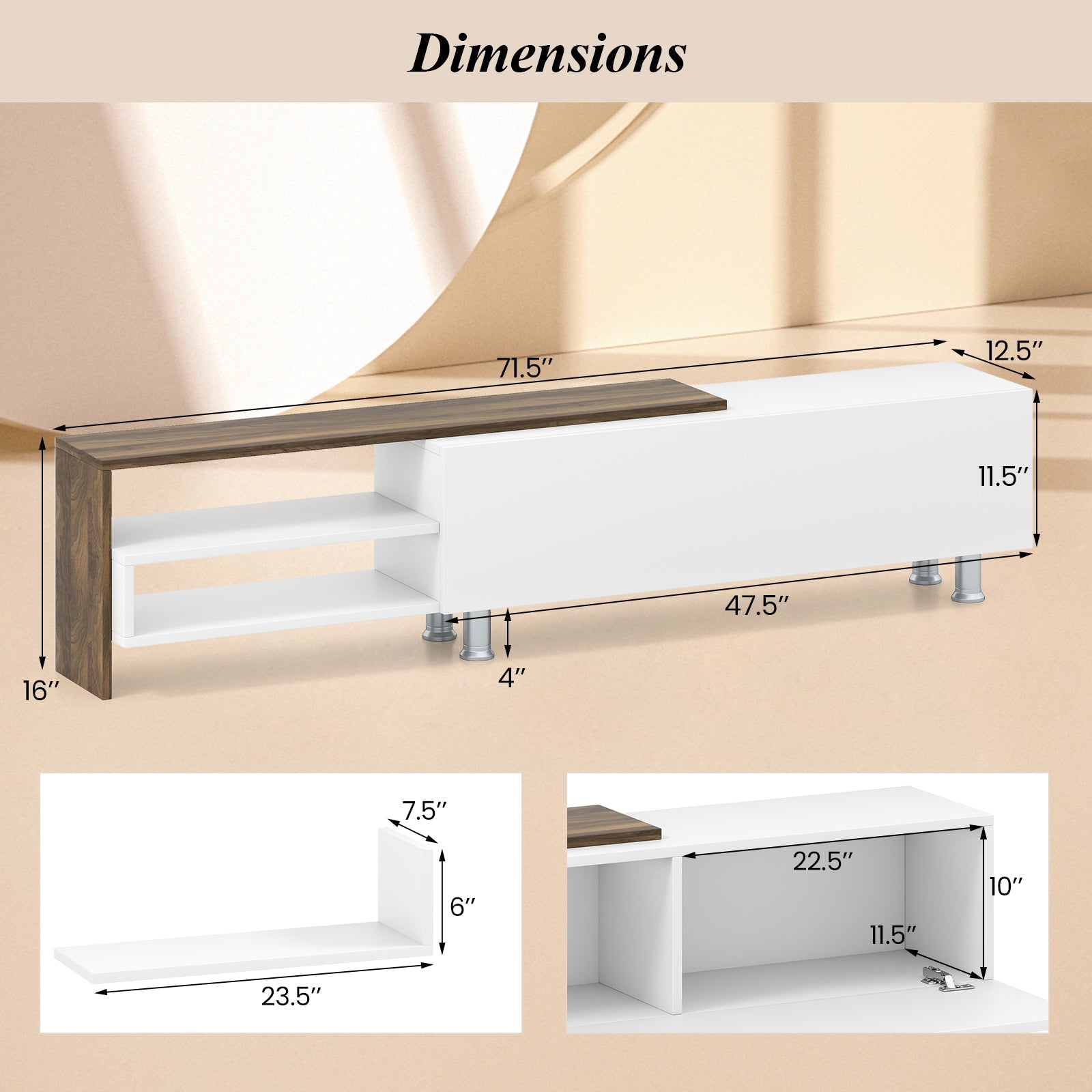 3 Pieces Farmhouse TV Stand for TVs up to 80 Inch with Cabinet and Compartments-White