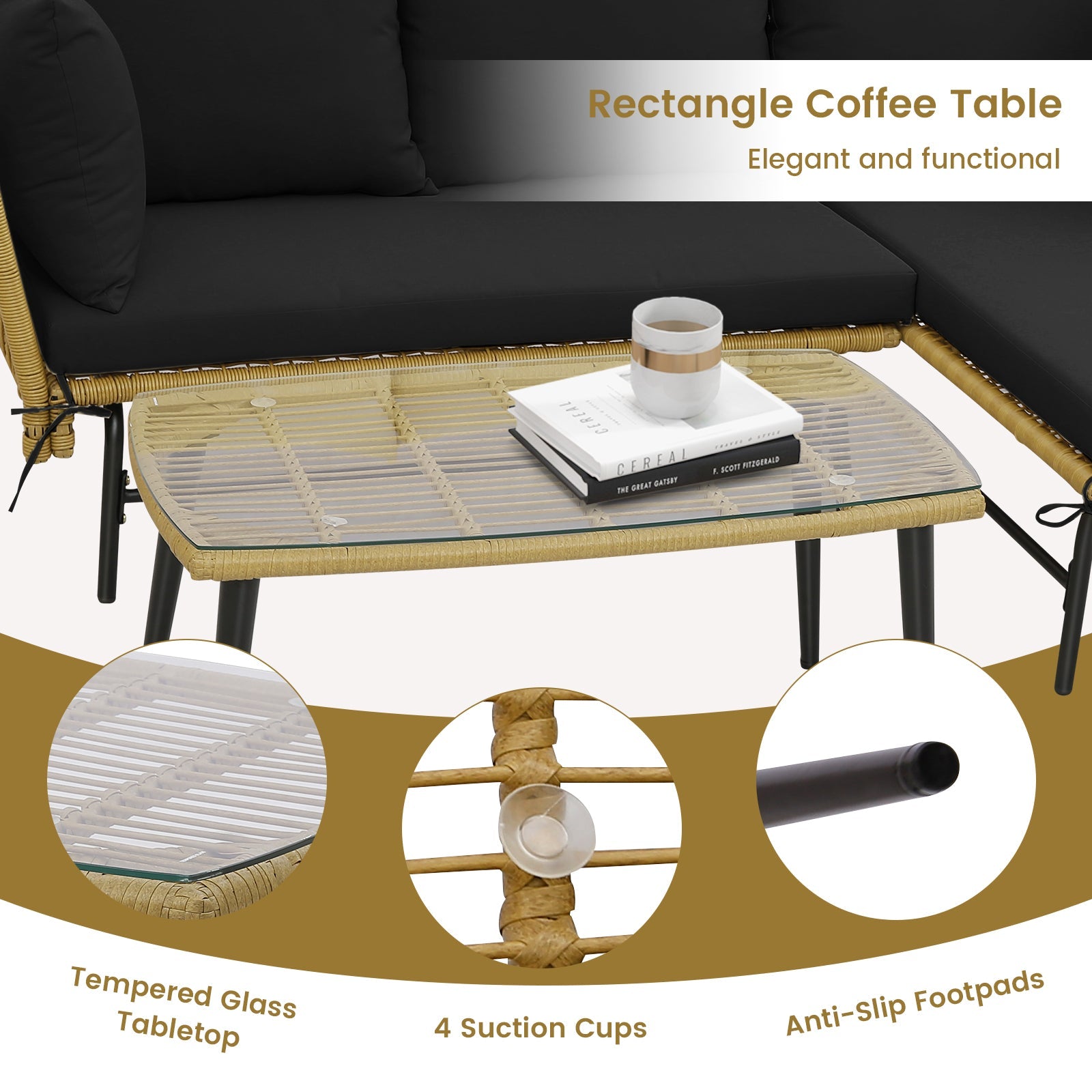 3 Pieces L-Shaped Patio Sofa with Cushions and Tempered Glass Table-Black