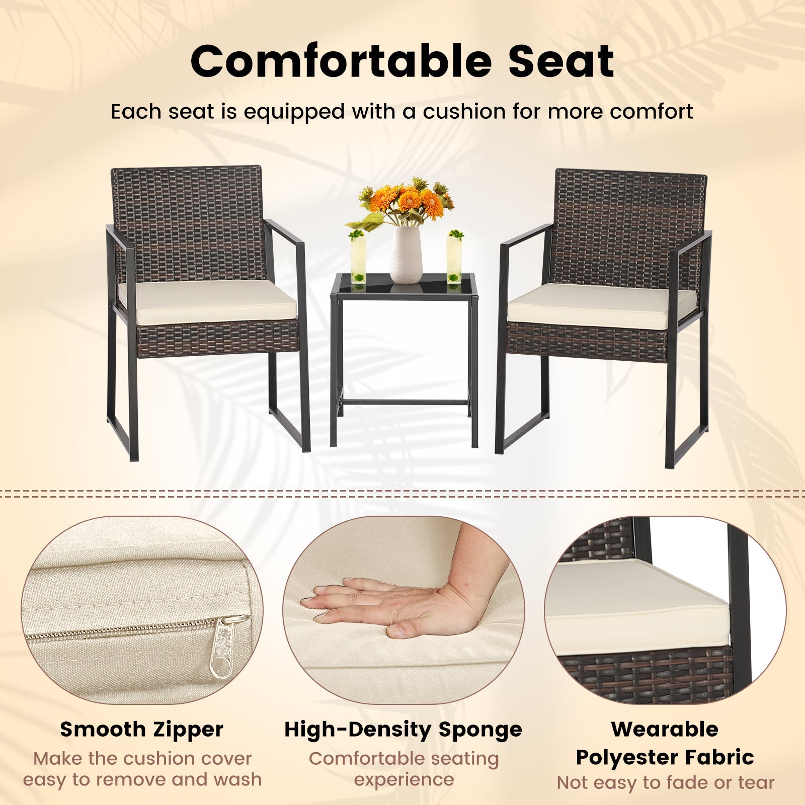 3 Pieces Modern Heavy Duty Patio Furniture Set with Coffee Table-Off White