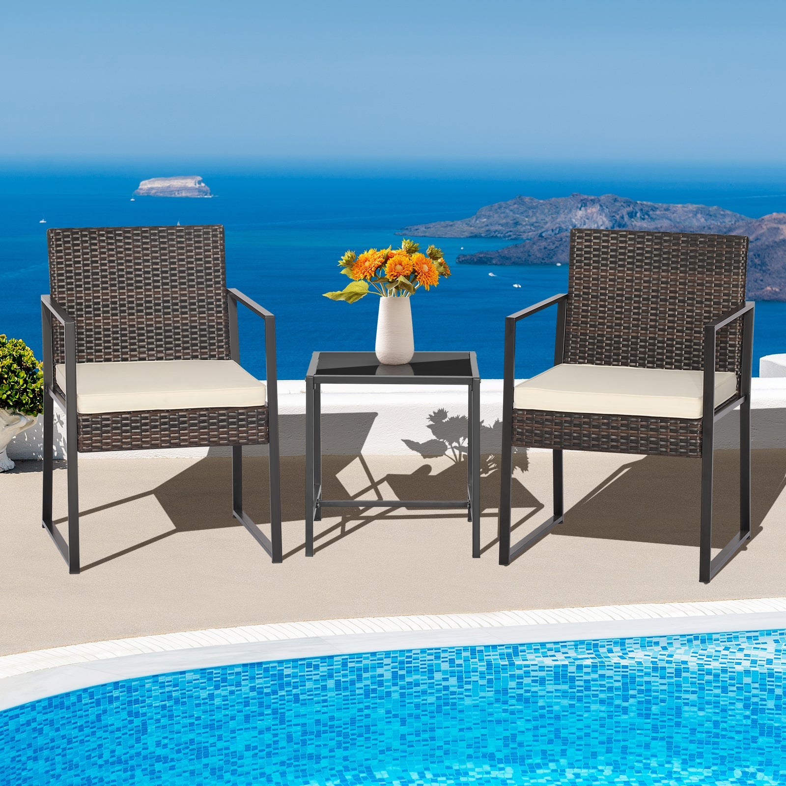 3 Pieces Modern Heavy Duty Patio Furniture Set with Coffee Table-Off White