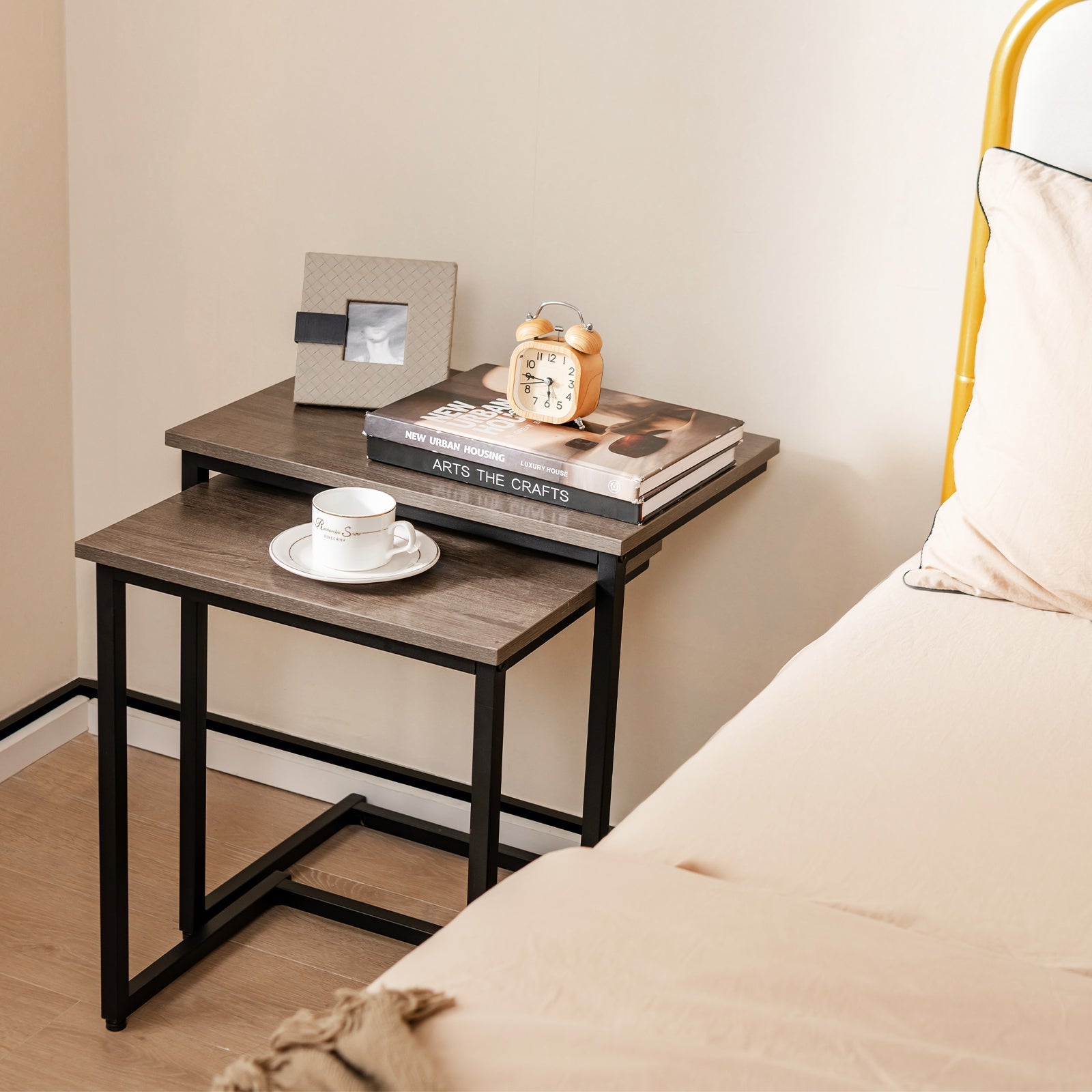 3 Pieces Multifunctional Coffee End Table Set-Oak