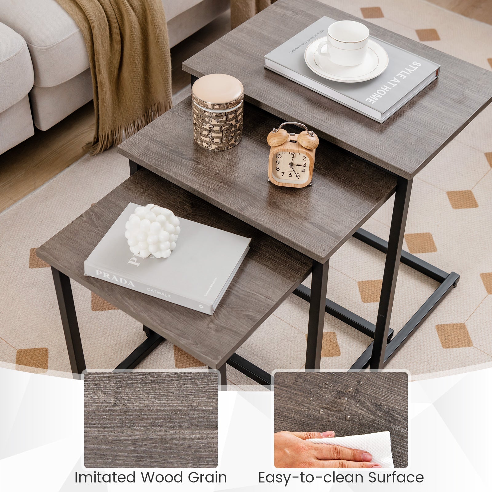 3 Pieces Multifunctional Coffee End Table Set-Oak