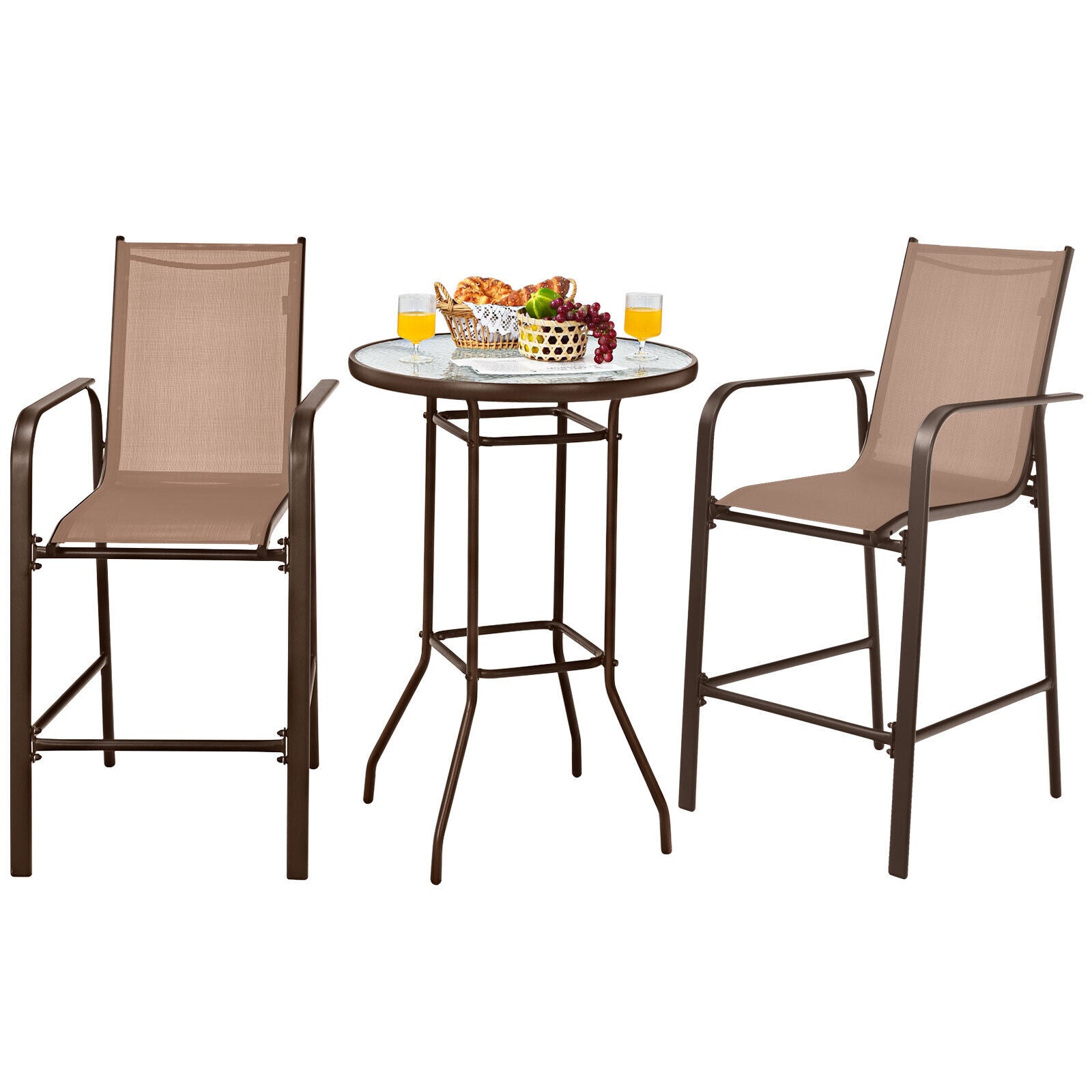 3 Pieces Outdoor Patio Bar Table Stool Set-Brown