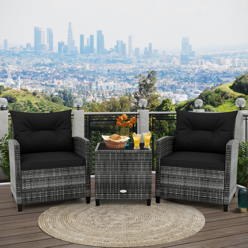 3 Pieces Outdoor Wicker Conversation Set with Tempered Glass Tabletop-Black
