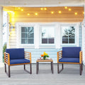 3 Pieces Patio Acacia Wood Conversation Set with Cushioned Armchairs-Navy
