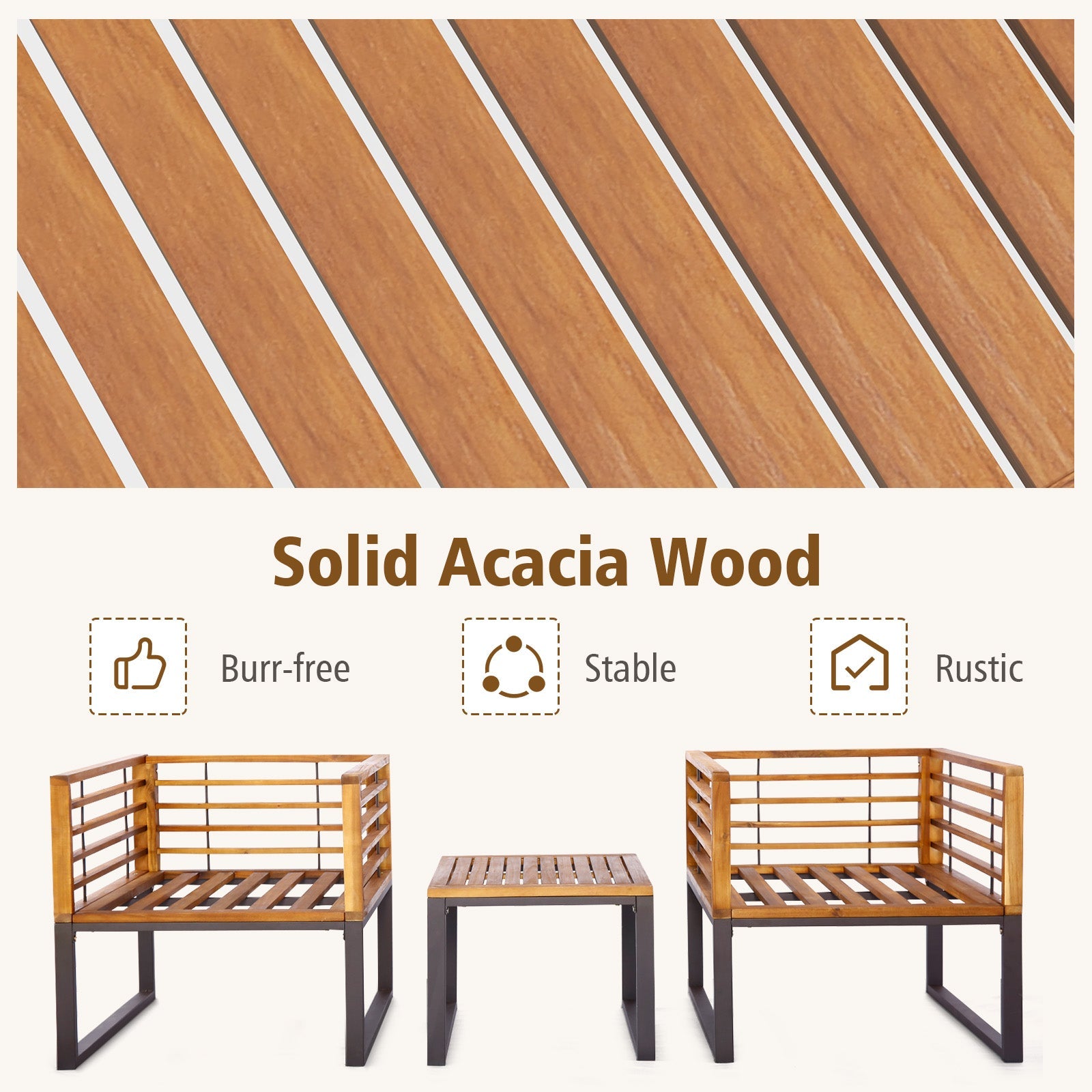 3 Pieces Patio Acacia Wood Conversation Set with Cushioned Armchairs-Navy