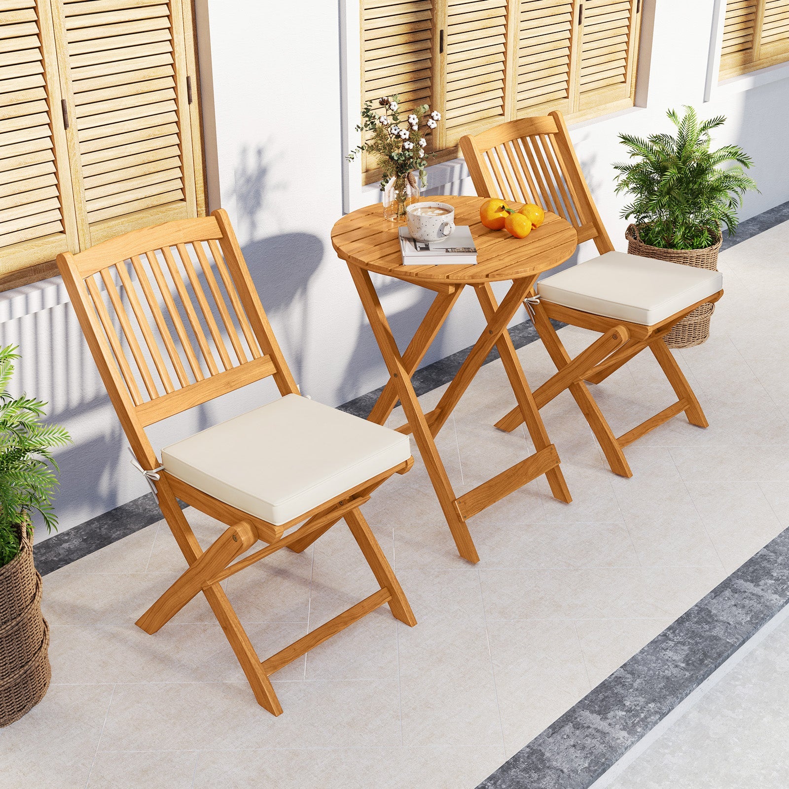 3 Pieces Acacia Wood Patio Folding Bistro Set with Soft Cushions-Beige