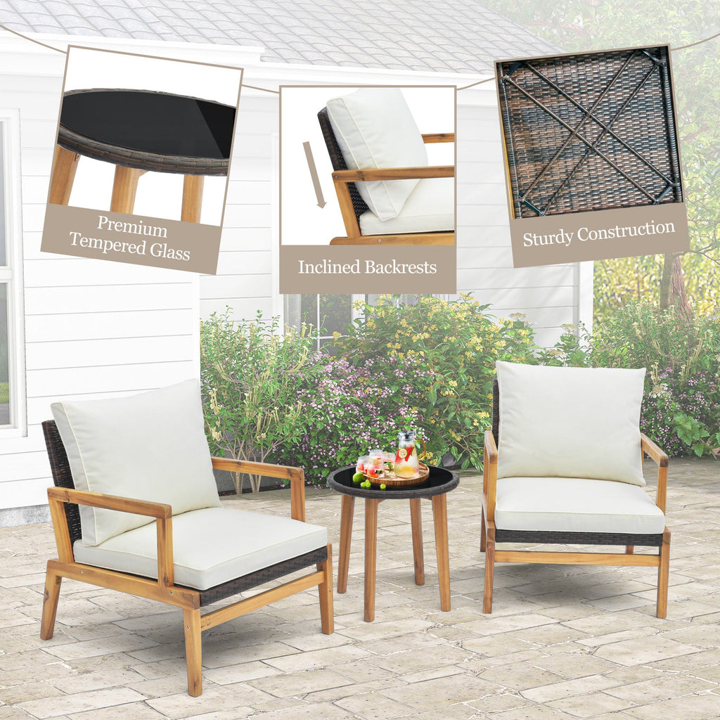 3 Pieces Patio Furniture Set with Cushioned Chairs and Tempered Glass Side Table-Brown
