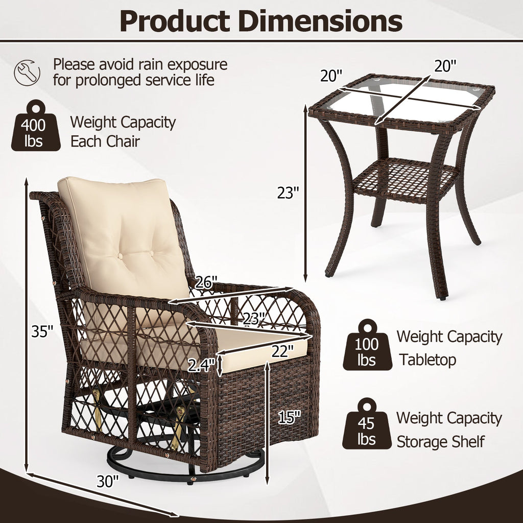 3 Pieces Patio Furniture Set PE Wicker Swivel Glider Chairs with 2-Tier Side Table and Cushions-Brown