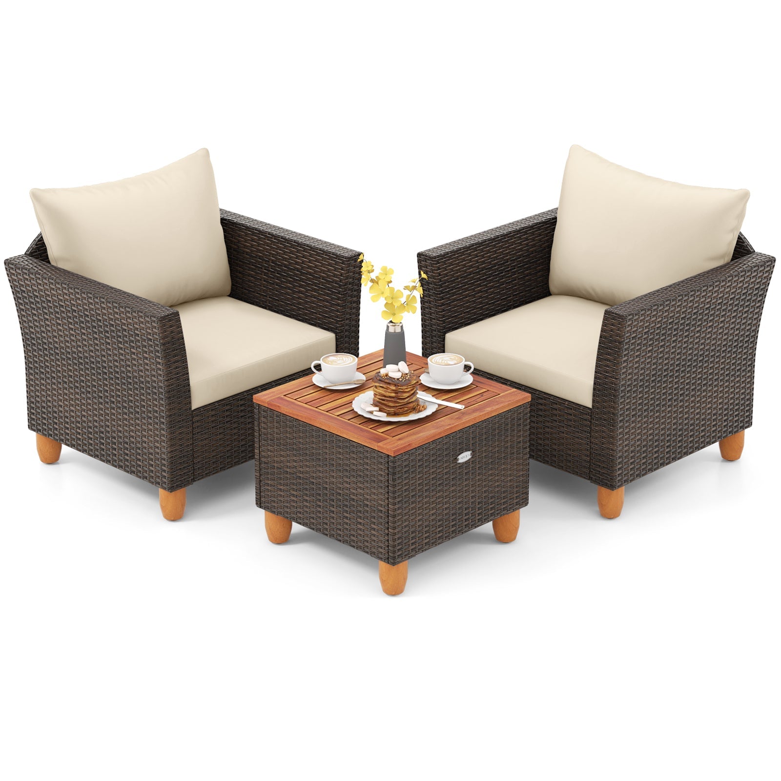 3 Pieces Patio PE Wicker Furniture Set with Cushions and Acacia Wood Storage Coffee Table-Beige
