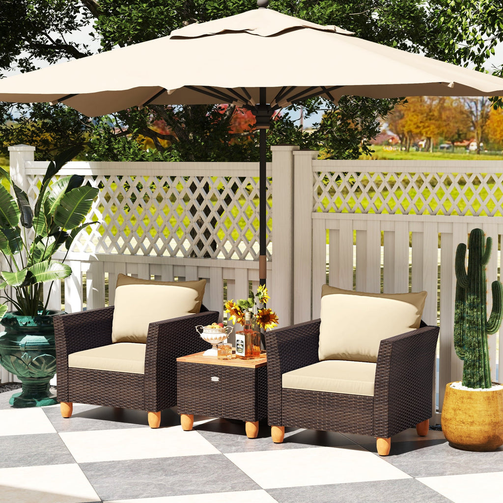 3 Pieces Patio PE Wicker Furniture Set with Cushions and Acacia Wood Storage Coffee Table-Beige
