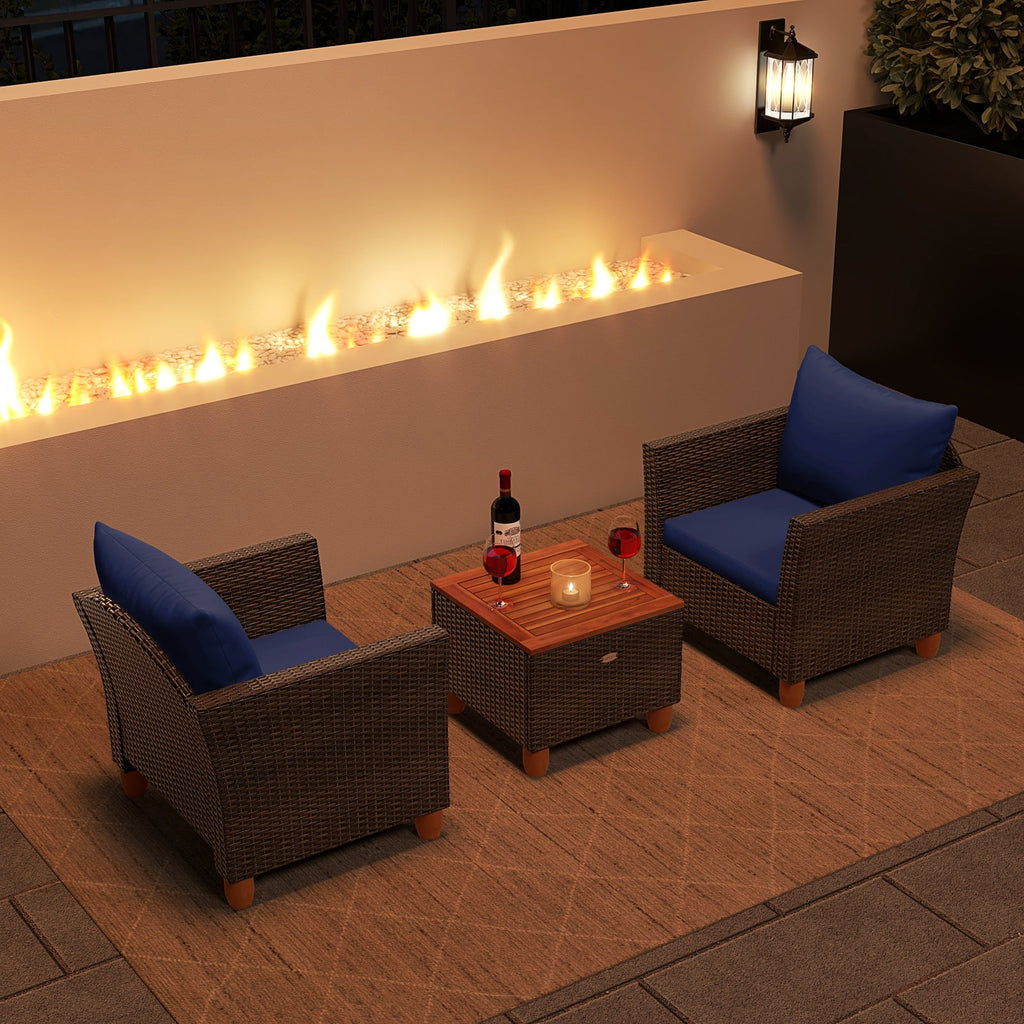 3 Pieces Patio PE Wicker Furniture Set with Cushions and Acacia Wood Storage Coffee Table-Navy