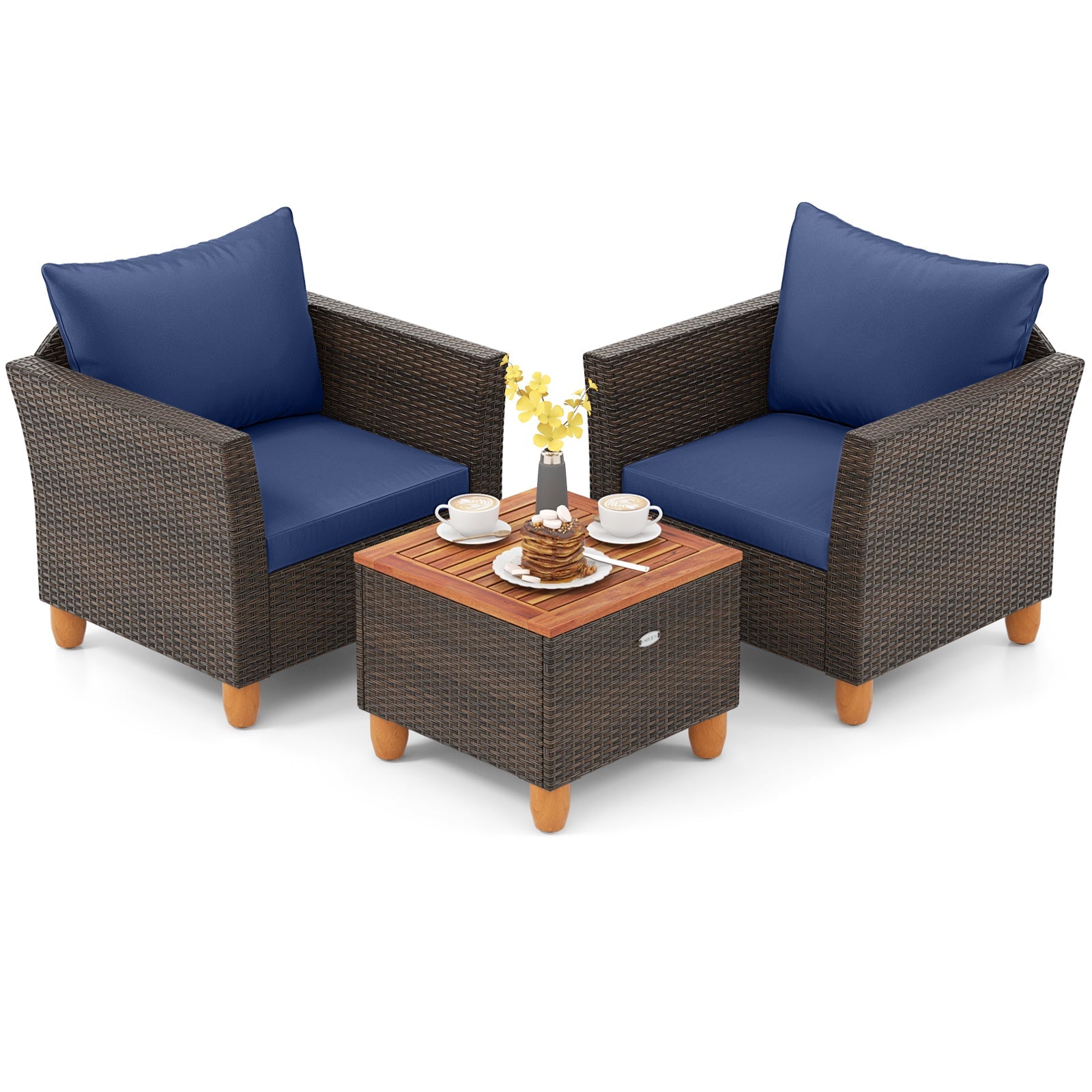 3 Pieces Patio PE Wicker Furniture Set with Cushions and Acacia Wood Storage Coffee Table-Navy