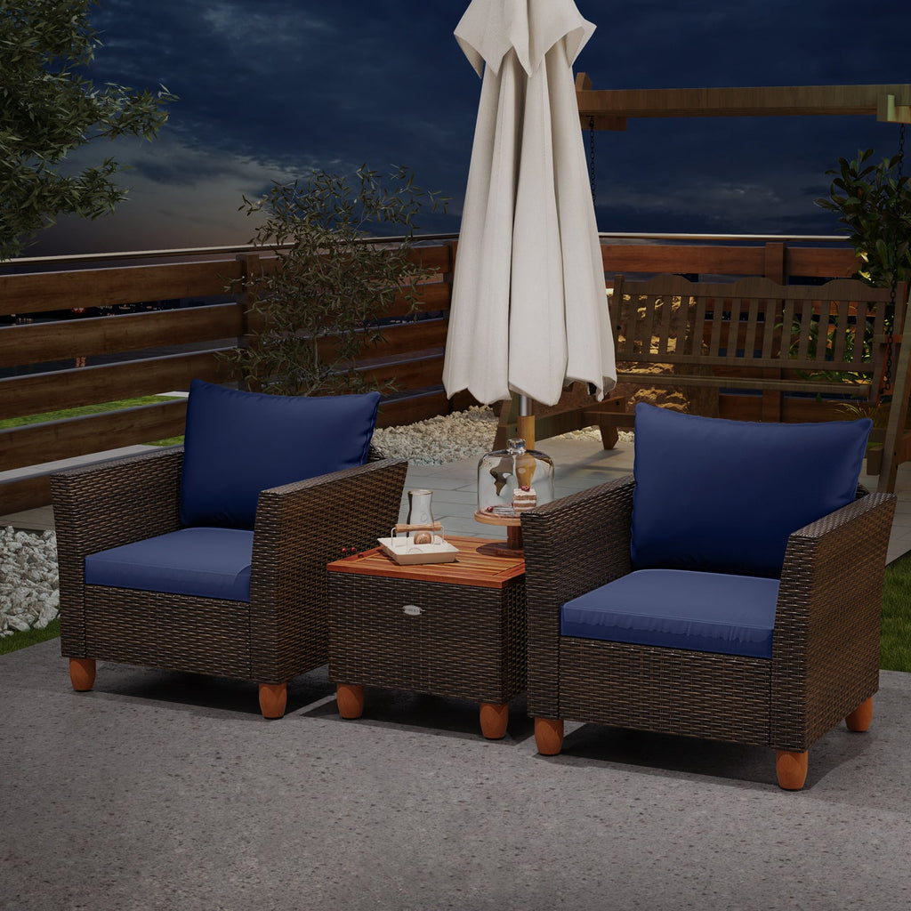 3 Pieces Patio PE Wicker Furniture Set with Cushions and Acacia Wood Storage Coffee Table-Navy