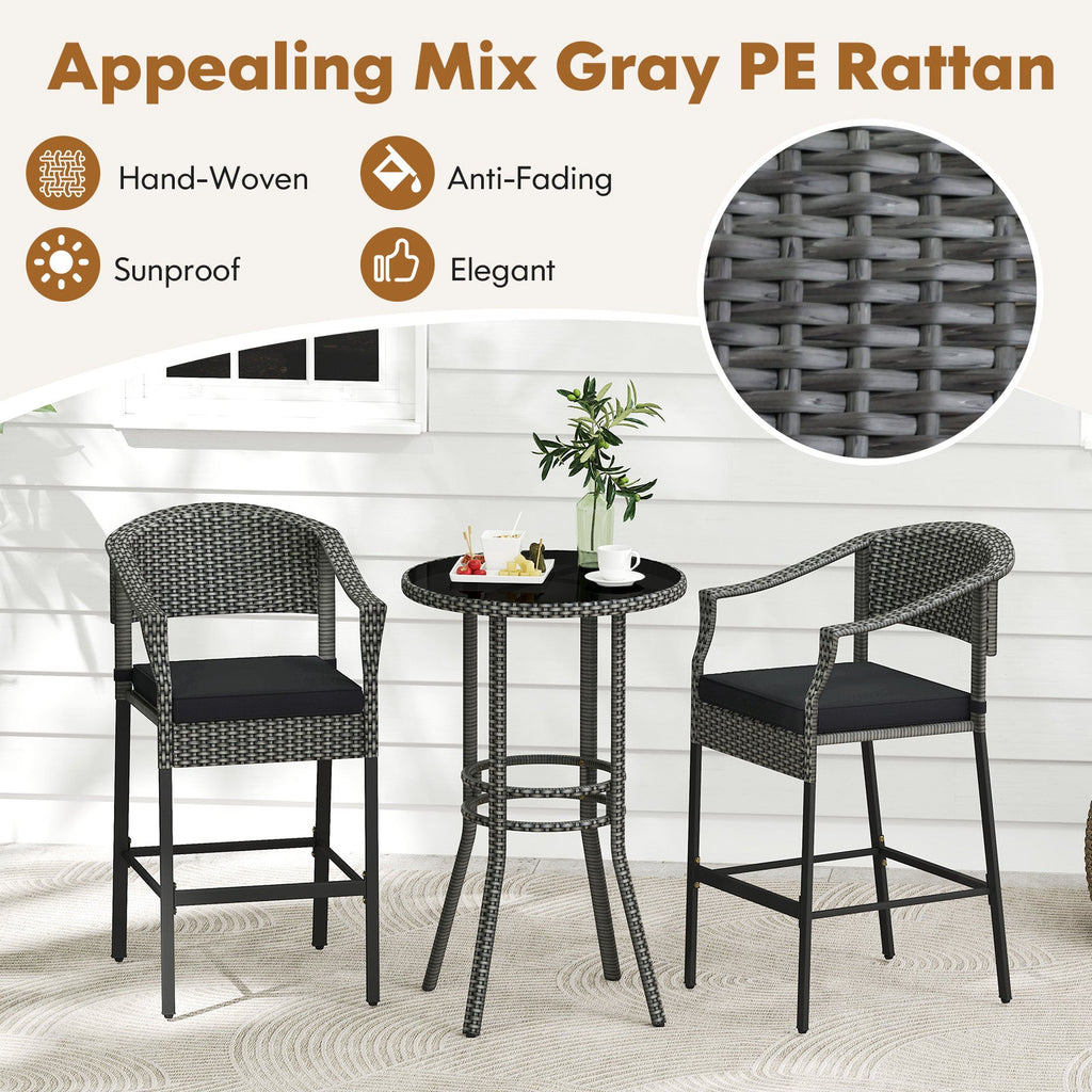 3-Piece Patio Rattan Bar Set with Tempered Glass Top for Backyard Poolside-Gray