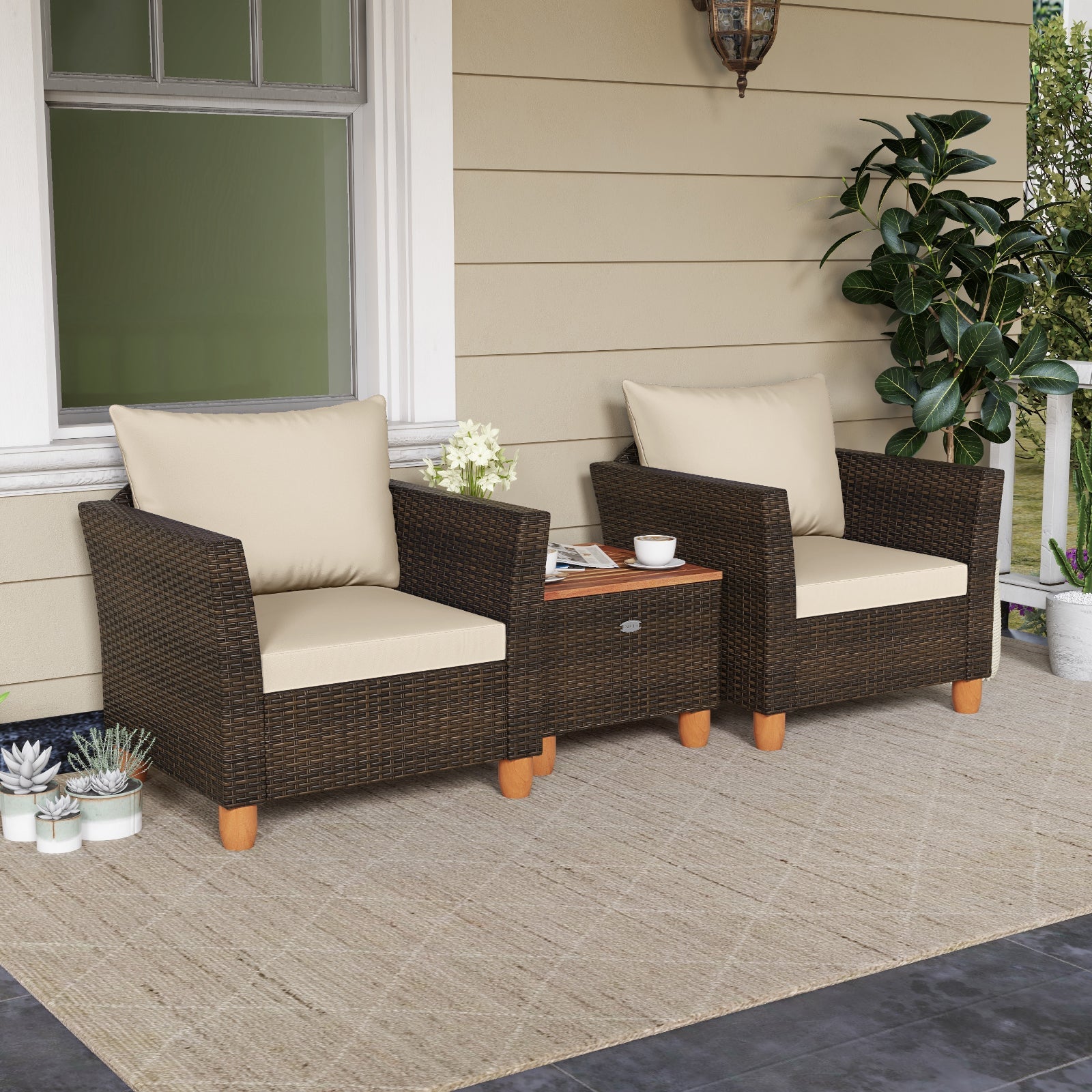 3 Pieces Patio Rattan Bistro Furniture Set with Wooden Table Top-Beige